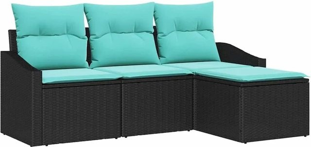 vidaXL Sofa Set 4-teilig aus Poly-Rattan in Schwarz mit Kissen und Hocker - Bild 1