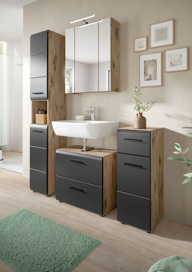 Badezimmer Hochschrank Inn.Furn in Schwarz und Eiche mit offenen Regalfächern, B/T/H: 30 x 30 x 185 cm - Bild 4