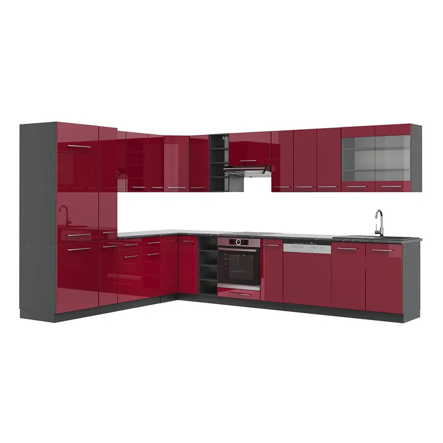 Vicco Fame-Line Eckküche Bordeaux Hochglanz und Anthrazit, B/T/H: 347 x 257 cm - Bild 2