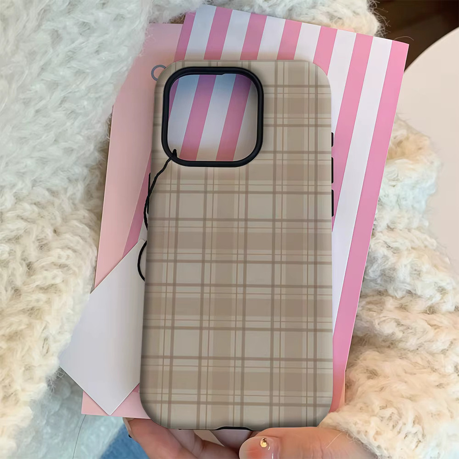 Beige Stoff Plaid Handyhülle mit doppelschichtiger Rückseite für Apple iPhone 17 16 15 14 13 12 11 Pro Max Plus - Bild 3