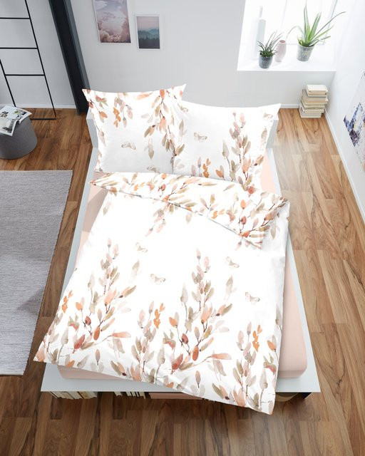 Dormisette Bettwäsche Blätter Mako-Satin aus Baumwolle in Orange und Weiß, Set bestehend aus Bettbezug und Kopfkissen, B/H: 135 x 200 cm, Kissen: 80 x 80 cm - Bild 1