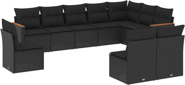 vidaXL 10-tlg. Garten-Sofagarnitur in L-Form aus Poly-Rattan und Akazienholz mit Kissen, Schwarz - Bild 1