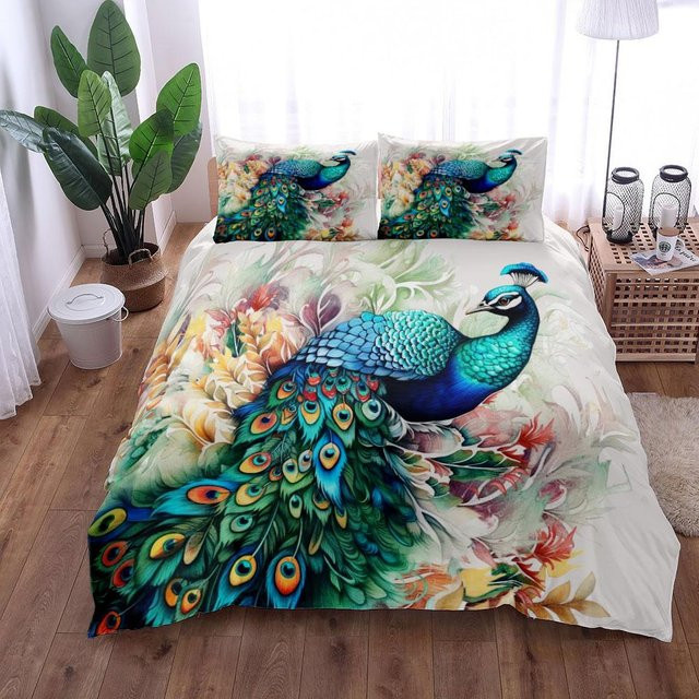 Lodestar Bettwäsche Set Aquarell Pfau aus Mikrofaser, Mehrfarbig, B/H: 140 x 210 cm - Bild 1