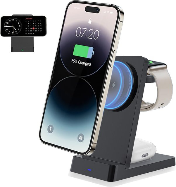 VIKEFON 3-in-1 Magnetisches Kabelloses Ladegerät und Faltbarer Telefonständer für MagSafe iPhone, iWatch und AirPods Pro in Schwarz - Bild 1