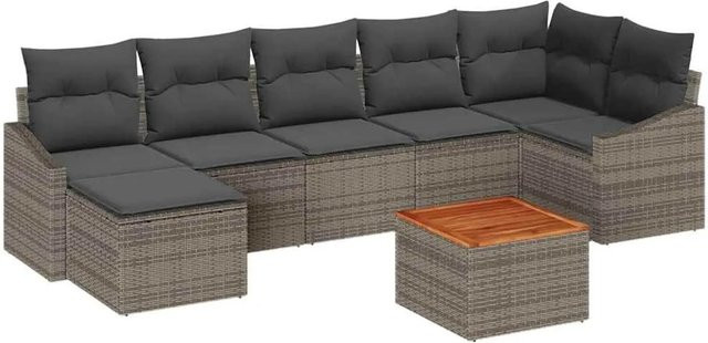vidaXL Garten-Sofa-Set aus Poly-Rattan in Grau, 8-teiliges L-Shape Lounge-Set mit Kissen und Tisch - Bild 1