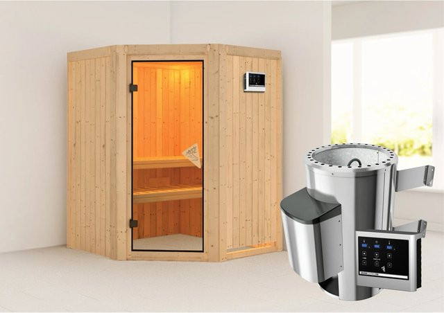 Karibu Sauna NANJA aus Fichte und Espe mit 3,6 kW Ofen, externer Steuerung und Ganzglastür in Bronze, B/T/H: 151 x 151 x 198 cm - Bild 1
