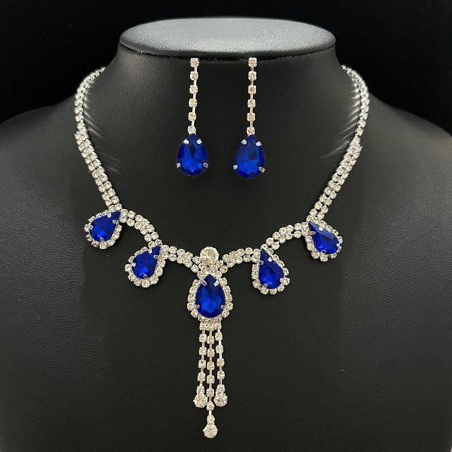 Halskettenset mit Wassertropfen-Anhänger, Kupfer, Silber, Zirkonia, Kristall, Damen, blau - Bild 1