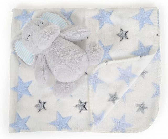 Cangaroo Babydecke mit Plüschtier in Hellblau und Weiß, kuschelige Krabbeldecke aus Fleece, B/B: 90 x 75 cm - Bild 1