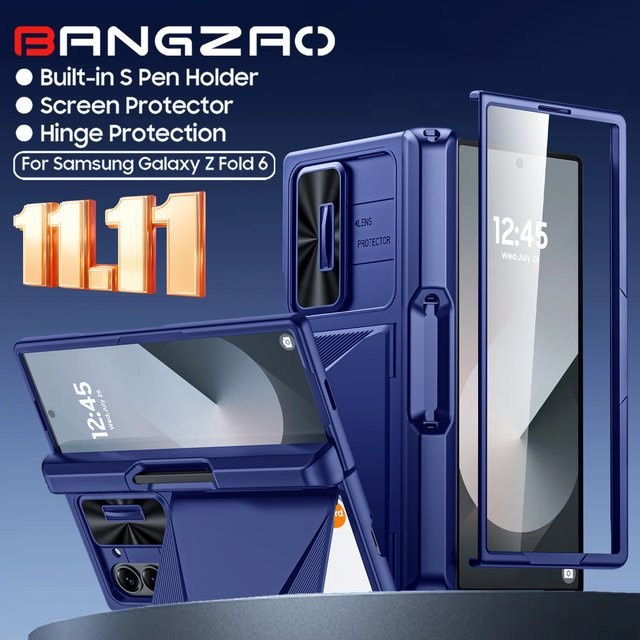 Stoßfeste Handyhülle für Samsung Galaxy Z Fold 6 mit integriertem Stiftschlitz und 9H-Schutzfolie in Schwarz oder Blau - Bild 1