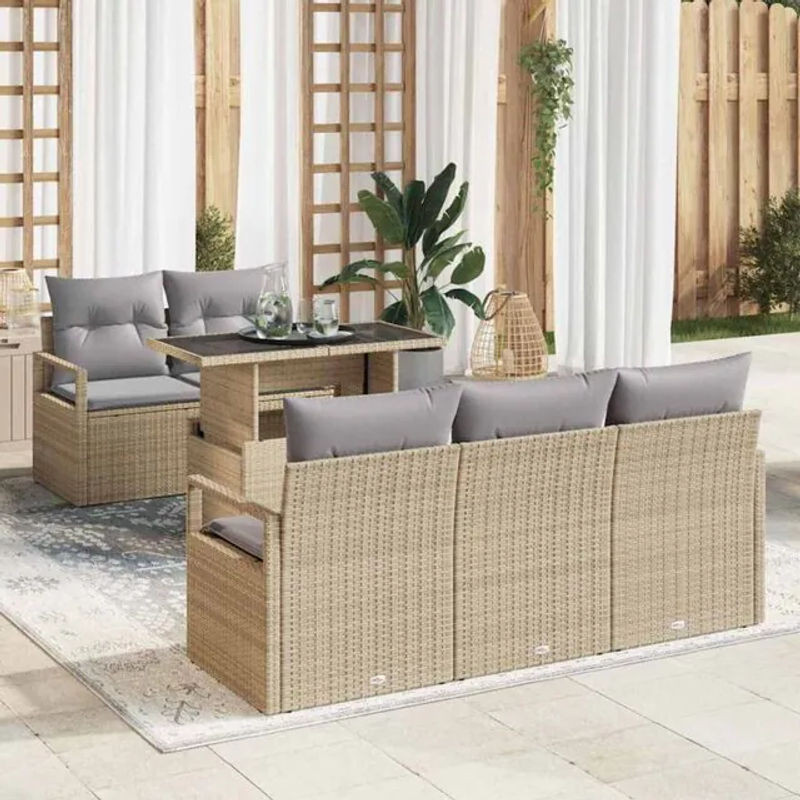 6-teiliges Polyrattan Garten-Sofa-Set von Vidaxl in Beige und Grau, modernes Loungemöbel-Set mit Glas und Stahl, B/T/H: 100 x 55 x 73 cm - Bild 1