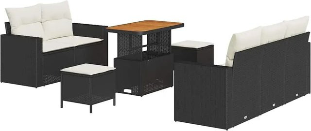 vidaXL Garten-Sofa-Set 8-teilig aus Poly Rattan und Akazienholz in Schwarz-Creme mit Polsterung und UV-Beständigkeit - Bild 1