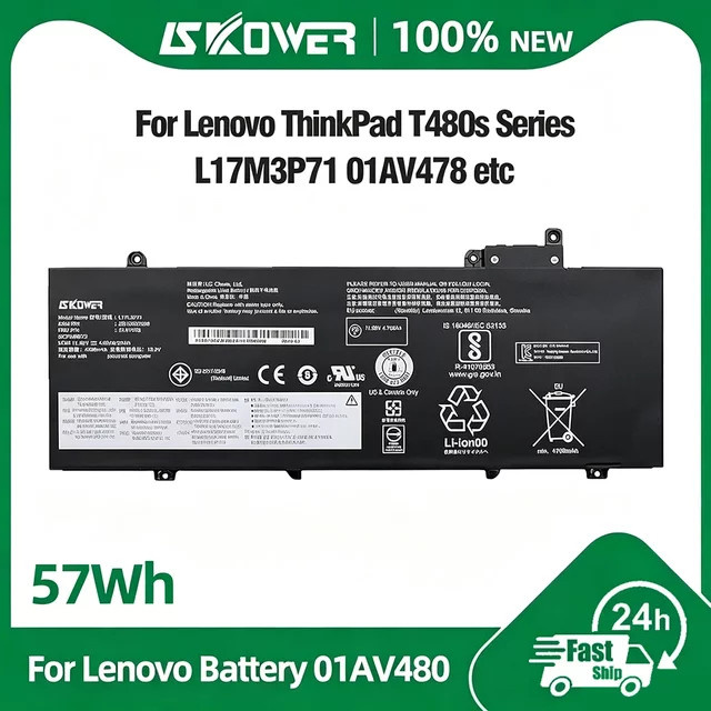 SKOWER Laptop-Akku 57Wh Schwarz für Lenovo ThinkPad T480s (Modelle: 01AV478, 01AV479, 01AV480, L17L3P71, L17M3P71, L17M3P72, SB10K97620, SB10K97621) - Bild 1
