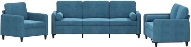 vidaXL 3-teilige Sofagarnitur aus Samt in Blau mit Kissen, bestehend aus 3-Sitzer-Sofa, 2-Sitzer-Sofa und Sessel - Bild 1