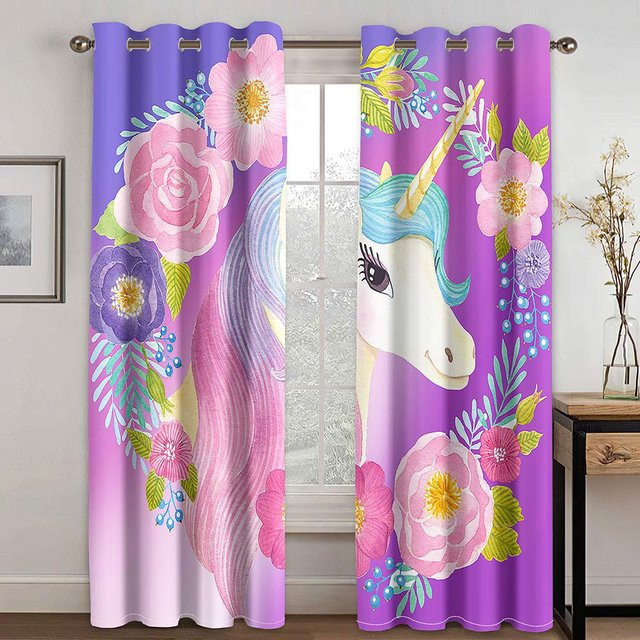 A Family Of Home Textiles Einhorn Vorhänge mit Regenbogen-Motiv für Kinderzimmer, 2 Paneele, halbtransparent, Mehrfarbig, B: 140 cm, H: 160 cm - Bild 1