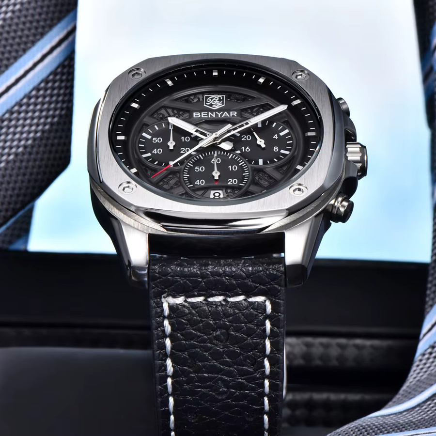 BENYAR Chronograph, Quarz, Edelstahl, Leder, Schwarz, Herren - Bild 3