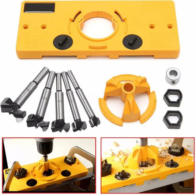 Toorise Scharnier Jig Bohrführung für 35mm Cup Style Scharniere mit Forstner Bohrer für Holzbearbeitung und DIY in Blau und Gelb - Bild 1
