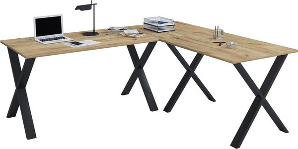 VCM Lona X Eckschreibtisch aus Holz in Braun mit Metallgestell, B/T/H: 220 x 160 x 80 cm