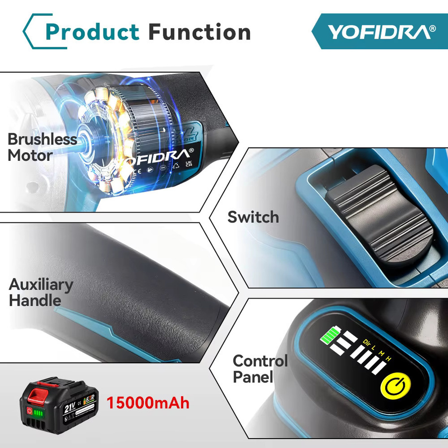 YOFIDRA Bürstenloser elektrischer Winkelschleifer Blau, 125 mm, kompatibel mit Makita LXT Akku, zum Schleifen, Polieren und Schneiden von Metall und Holz - Bild 3