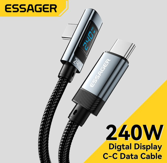 Essager USB Typ C auf USB C Kabel mit 90 Grad Winkel, 240 W PD Schnellladekabel für iPad, MacBook Pro, Xiaomi, Samsung und Huawei, Farben: Grau oder Schwarz - Bild 1