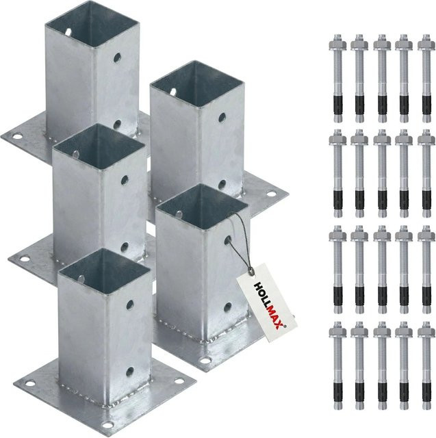 HOLLMAX Pfostenträger Set aus verzinktem Stahl in Silber für Vierkantpfosten, 5 Stück Aufschraubhülsen 71 mm inklusive Schwerlastanker 10 x 100 mm - Bild 1
