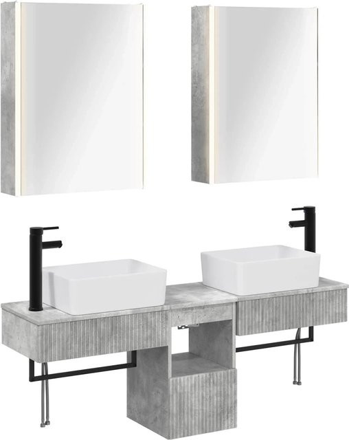 vidaXL Badezimmerschrank-Set 5-teilig in Betongrau mit LED-Beleuchtung und Spiegelschrank, B/T/H: 53 x 15,5 x 70 cm - Bild 1