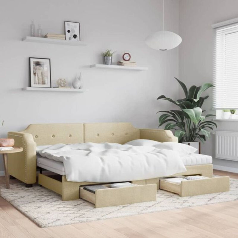 Vidaxl Funktionsbett als ausziehbares Tagesbett mit Schubladen in Beige aus Stoff und Metall, B: 100 cm, L: 200 cm - Bild 1