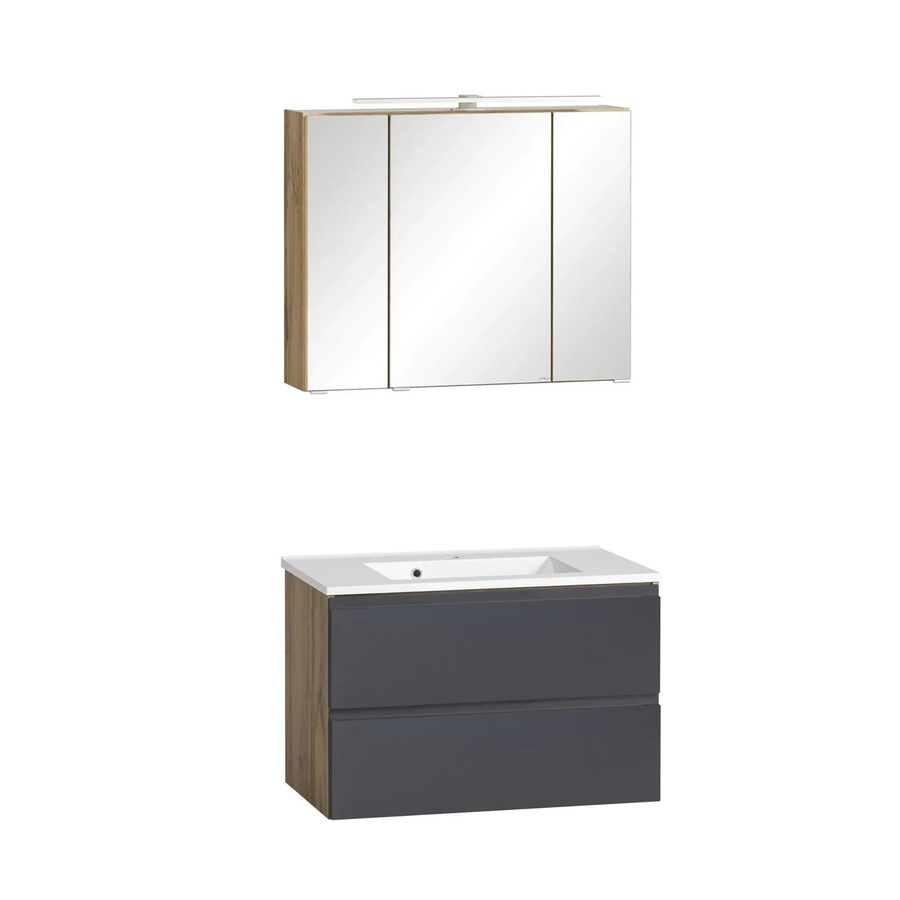 Held Möbel Waschtisch-Set Ancona 2-tlg. modern in matt Grau-Wotaneiche mit Spiegelschrank, LED-Beleuchtung und Rasierersteckdose - Bild 2