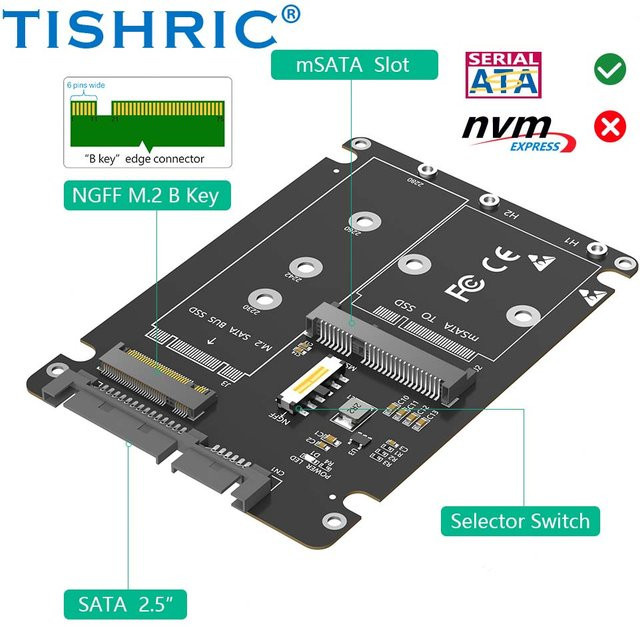 TISHRIC 2-in-1 Adapterkarte M.2 NGFF Key B und MSATA SSD auf 2,5 SATA Konverter mit Kunststoffgehäuse in Schwarz - Bild 1