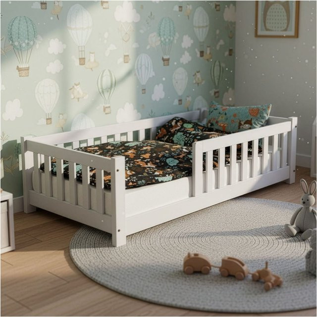 Juskys Kinderbett Naya Montessori Bodenbett aus Holz mit Rausfallschutz und Lattenrost, Weiß, B: 90 cm, L: 200 cm - Bild 2