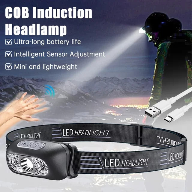 NEWBIRTH LED Stirnlampe mit Bewegungssensor, wiederaufladbare USB Kopflampe in Schwarz für Outdoor, Camping und Angeln - Bild 1