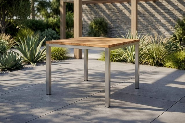 OUTFLEXX Esstisch aus Edelstahl und recyceltem Teakholz in Silber/Braun, B/T/H: 90 x 90 x 76 cm - Bild 1