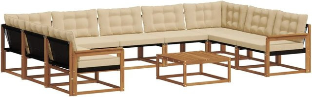 vidaXL 10-teilige Outdoor-Sofagarnitur aus massivem Akazienholz mit Textilene und Kissen in Natur-Beige - Bild 1