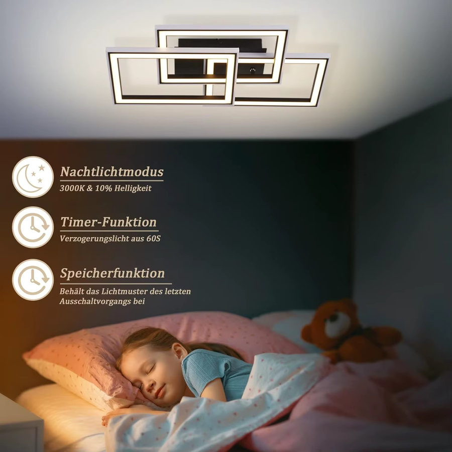 Cliheet RGB-LED-Deckenleuchte in Schwarz, 45W, rechteckig, dreifach drehbar und dimmbar mit Fernbedienung, 3000K-6500K - Bild 4