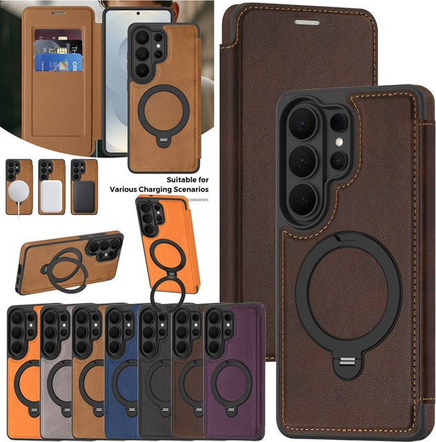 Magnetisches Flip Case für Samsung Galaxy S26 S25 Ultra S24 Plus S23 FE S22 in Braun mit Kartensteckplätzen und Kickstand für kabelloses Laden - Bild 1