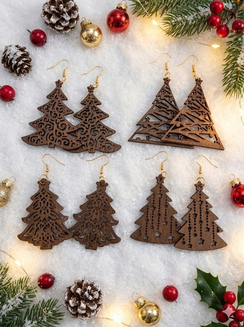 YULUCH Ohrhänger-Set 4-teilig, Holz, Weihnachtsbaumform, Damen, Vintage - Bild 1