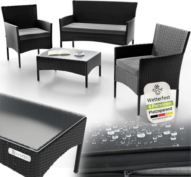 Juskys Polyrattan Gartenmöbel-Set Fort Myers in Schwarz mit Tisch, Sofa, 2 Stühlen und Auflagen in Dunkelgrau - Bild 4