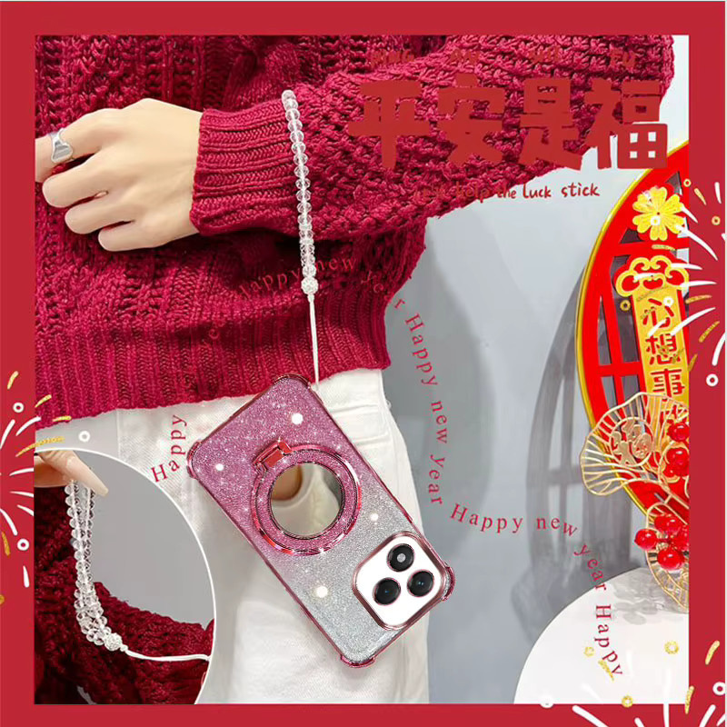 Stoßfeste Handyhülle mit Spiegelständer und Perlenarmband für Huawei Honor 400 Lite Pro und 400 Lite in Pink mit Glitzer-Effekt - Bild 2