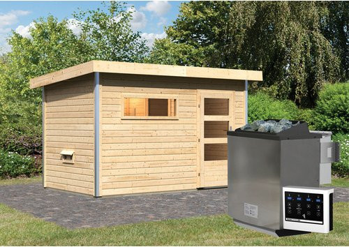 KARIBU Saunahaus Schwanenburg 1 aus Fichtenholz in Beige mit 9 kW Bio-Kombi-Ofen und externer Steuerung, B/T/H: 337 x 196 x 228 cm - Bild 1