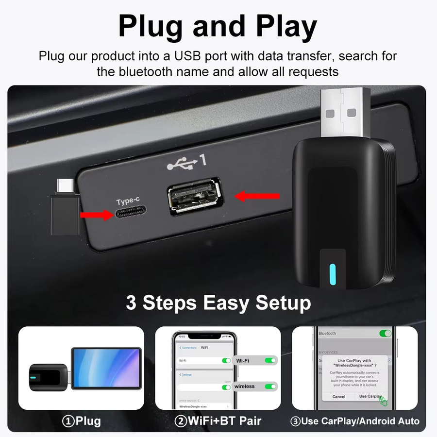 FLIXIVI CarPlay Wireless Adapter und Android Auto Mini AI Box in Schwarz mit Bluetooth-Unterstützung - Bild 3
