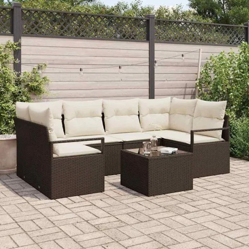vidaXL Garten-Sofa-Set aus 7 Teilen aus Polyrattan und Stahl in Braun und Creme, B/T/H: 55 x 55 x 37 cm - Bild 1