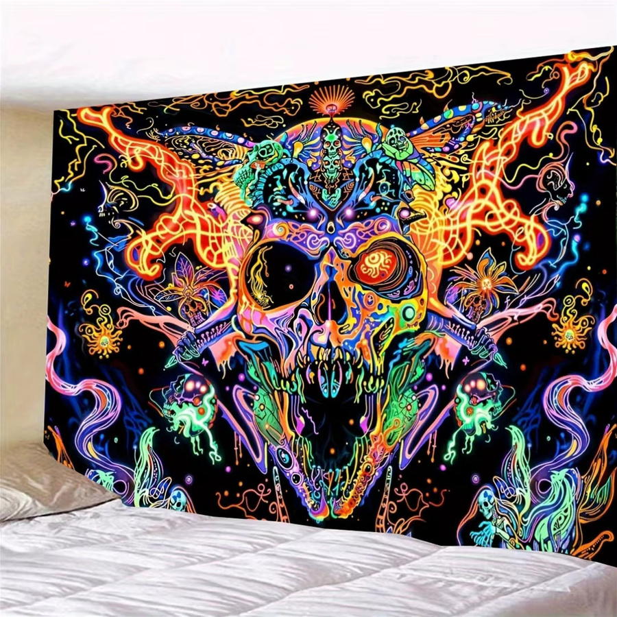 VIKAMA Wandteppich mit psychedelischem Totenkopf, Flammen, Schmetterlingen und floralen Mustern, Mehrfarbig, B/H: 60 x 40 cm - Bild 3