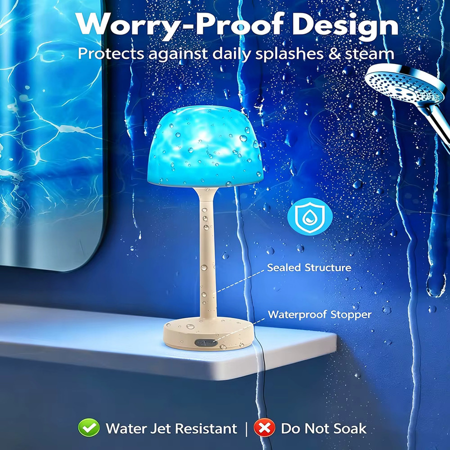 UMEXUS Pilzförmige Tischlampe mit RGB Wasserwellen-Projektion, dimmbar und wiederaufladbar, Farbe Weiß, B/T/H: 32,0 x 12,7 cm - Bild 4