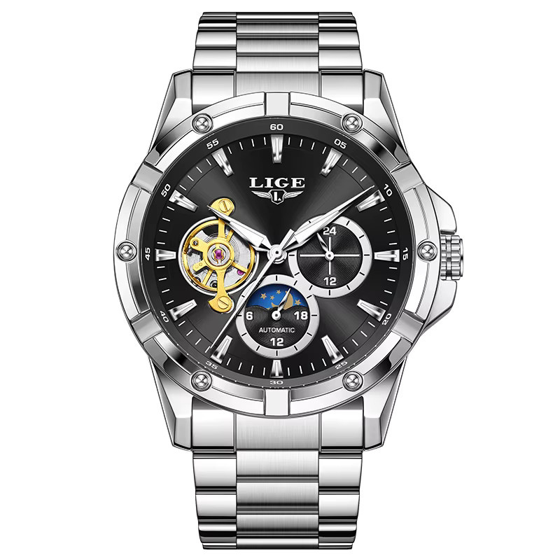 LIGE Armbanduhr Automatik, Edelstahl, Silber, Herren, Mondphase - Bild 7