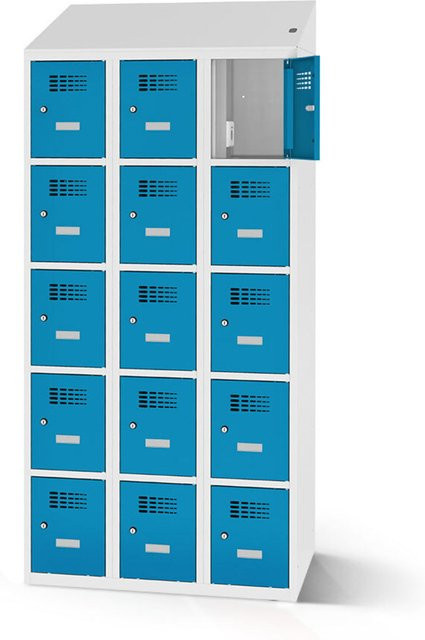 rotstahl Fächerschrank mit Ladefunktion und 15 Fächern in Blau mit lichtgrauem Korpus, B: 120 cm, H: 200 cm - Bild 1