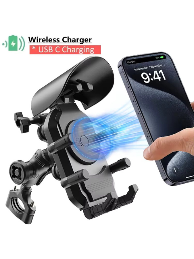 VIKEFON Stoßfester Motorrad-Telefonhalter mit 15 W kabellosem Ladegerät und 30 W USB-C Schnellladefunktion in Schwarz - Bild 6