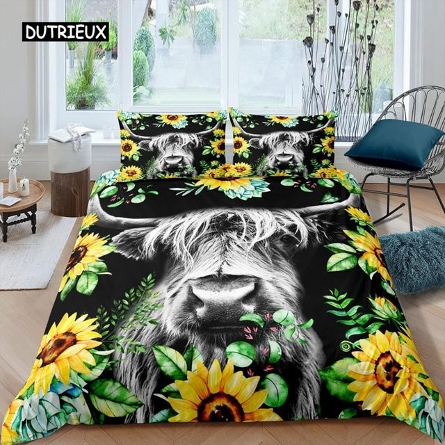 Bettwäsche Set Highland Cow mit Sonnenblumen Design von Binchi Outdoor Product in Schwarz, Mikrofaser, B/H: 210 x 210 cm - Bild 1