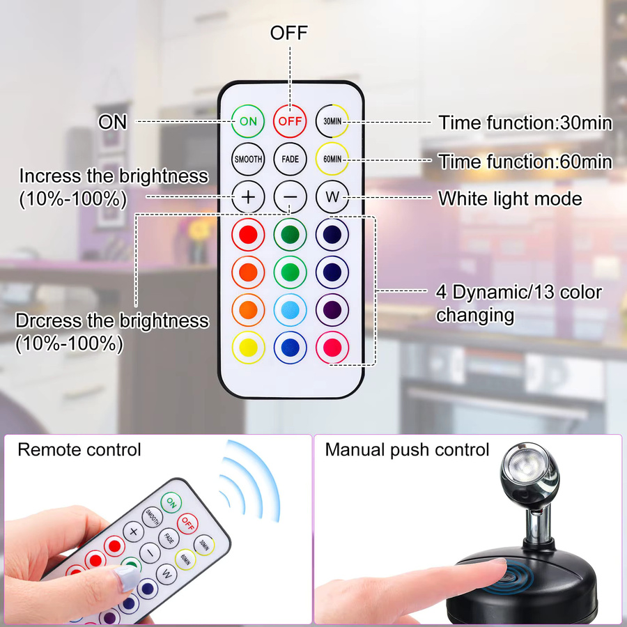 KDULIT Batteriebetriebener LED-Strahler für den Innenbereich, kabelloser RGB-Wandstrahler in Schwarz mit 13 Farben und drehbarem Lichtkopf, selbstklebend für Flur und Akzentbeleuchtung - Bild 2