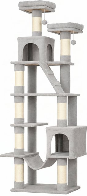 PawHut Kratzbaum Hellgrau mit Höhle, Hängematte und Spielbällen, großer mehrstöckiger Katzenbaum für 1–3 Katzen, Höhe: 204 cm - Bild 1