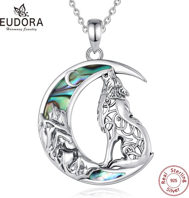 Eudora Halskette, 925 Silber, Abalone-Muschel, Wolf auf dem Mond, Unisex - Bild 1