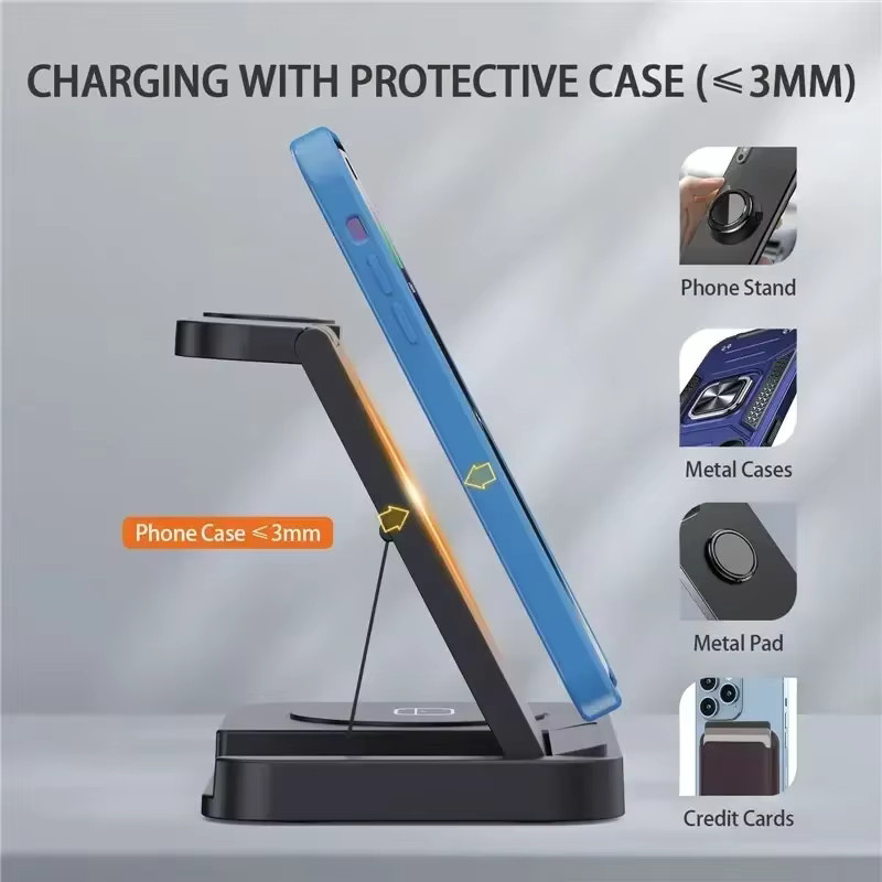 VIKEFON 4 in 1 Wireless Charger Dock faltbar, kabellose Ladestation für iPhone 16 bis 12 Pro Max, iWatch 10 bis SE 2, AirPods Pro und Samsung S25 S24, Farbe: Schwarz - Bild 2